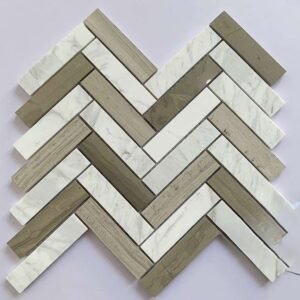 White and Mix Herringbone Marble Mosaic Tiles