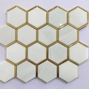 White Hexagonal Metal Mix Marble Mosaic Tiles