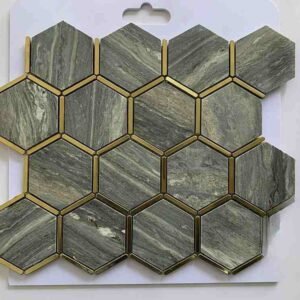 Dark Moss Hexagonal Metal Mix Marble Mosaic Tiles