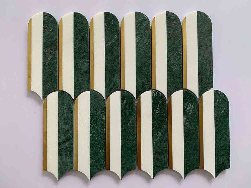 Green and White Candle Shape Metal Mix Marble Mosaic Tiles