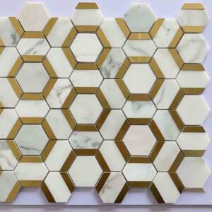 Golden Hexagonal Metal Mix Marble Mosaic Tiles
