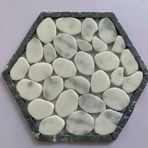 White Hexagonal With Border Pebble Marble Mosaic Tiles